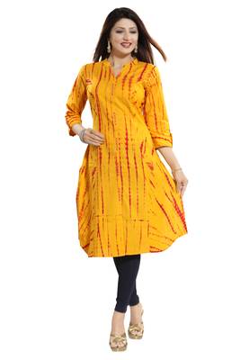 Yellow printed cotton long-kurtis 1