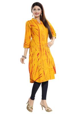 Yellow printed cotton long-kurtis 3