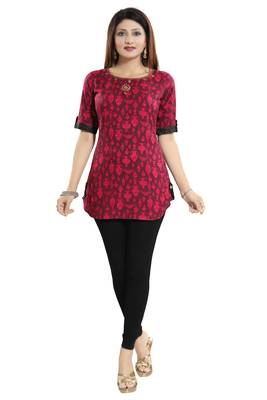 Magenta printed cotton short-kurtis 1