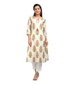 KAAJH Off White Block Printed Cotton Kurta
