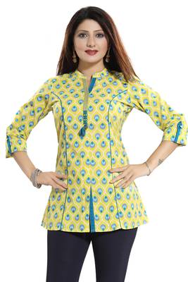 Yellow printed cotton short-kurtis 1