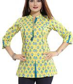 Yellow printed cotton short-kurtis