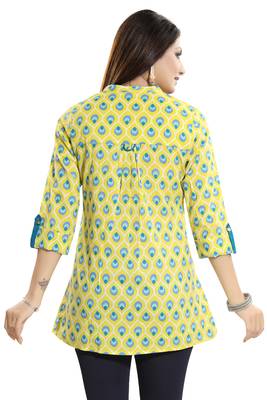 Yellow printed cotton short-kurtis 2