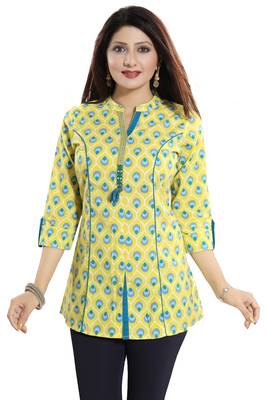 Yellow printed cotton short-kurtis 3