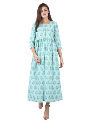 KAAJH Blue Printed Cotton Anarkali Kurta 1
