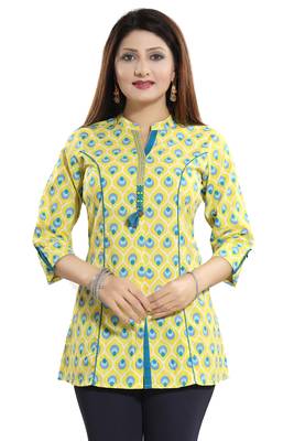 Yellow printed cotton short-kurtis 4