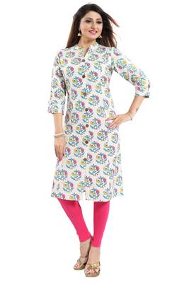 Cream printed cotton long-kurtis 1
