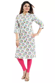Cream printed cotton long-kurtis