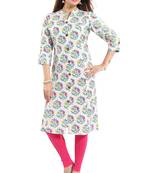 Cream printed cotton long-kurtis