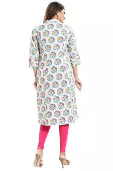 Cream printed cotton long-kurtis