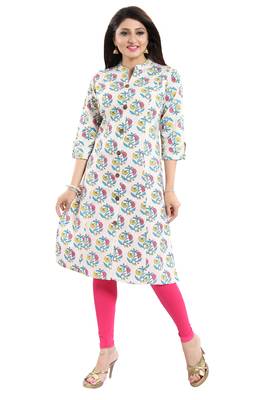 Cream printed cotton long-kurtis 3