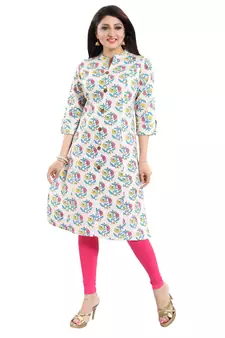 Cream printed cotton long-kurtis