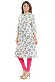 Cream printed cotton long-kurtis