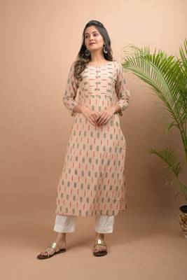 KAAJH Beige Ikat Printed Cotton Kurta 1