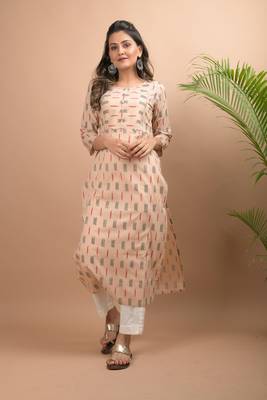KAAJH Beige Ikat Printed Cotton Kurta 2