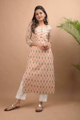 KAAJH Beige Ikat Printed Cotton Kurta 3