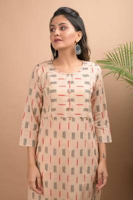 KAAJH Beige Ikat Printed Cotton Kurta 4