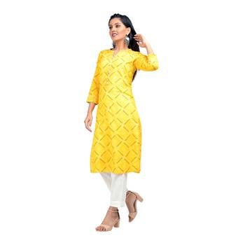 KAAJH Yellow Bandhej Printed Cotton Kurta 4