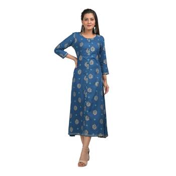 KAAJH Blue Floral Pinted Rayon Cotton Kurta 1