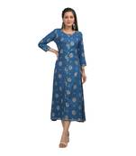 KAAJH Blue Floral Pinted Rayon Cotton Kurta