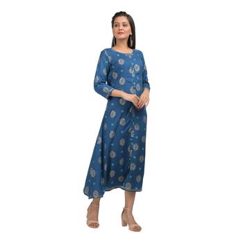 KAAJH Blue Floral Pinted Rayon Cotton Kurta 3