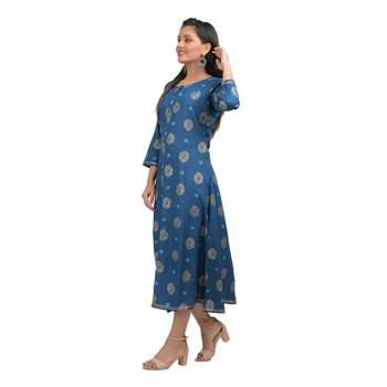 KAAJH Blue Floral Pinted Rayon Cotton Kurta 4