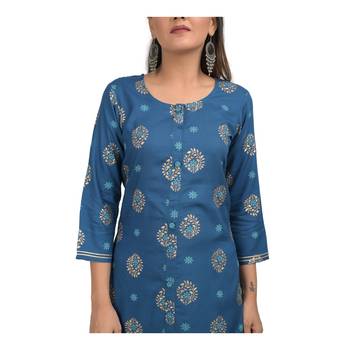 KAAJH Blue Floral Pinted Rayon Cotton Kurta 5