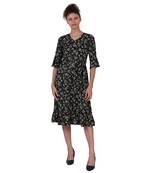 BLACK FLORAL PRINT FIT and FLARE WOMEN DRESS