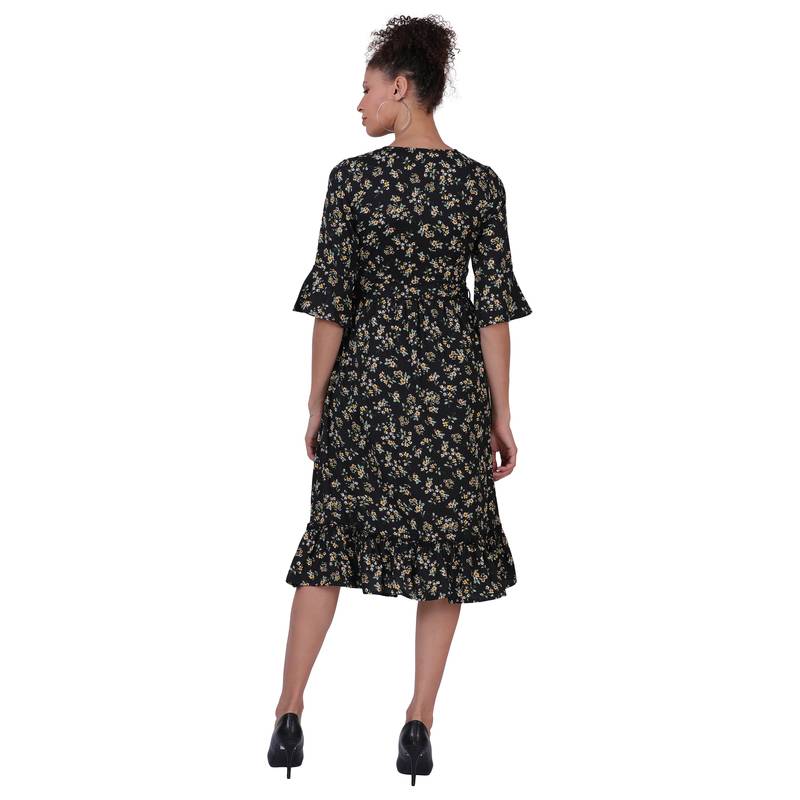 BLACK FLORAL PRINT FIT and FLARE WOMEN DRESS