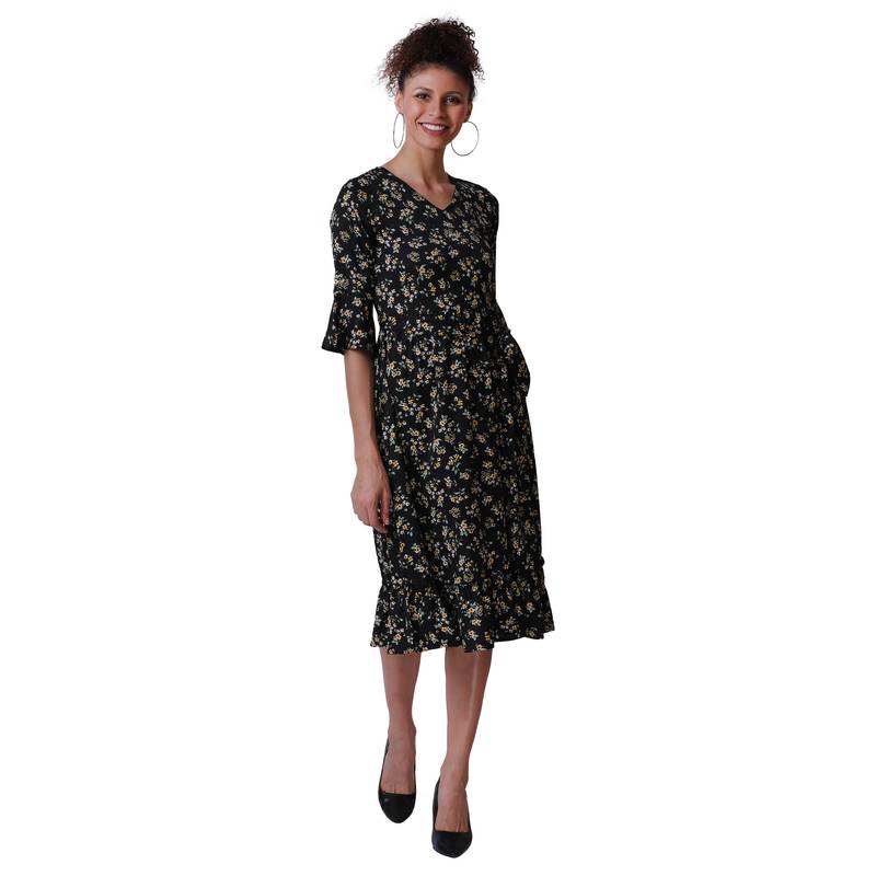 BLACK FLORAL PRINT FIT and FLARE WOMEN DRESS