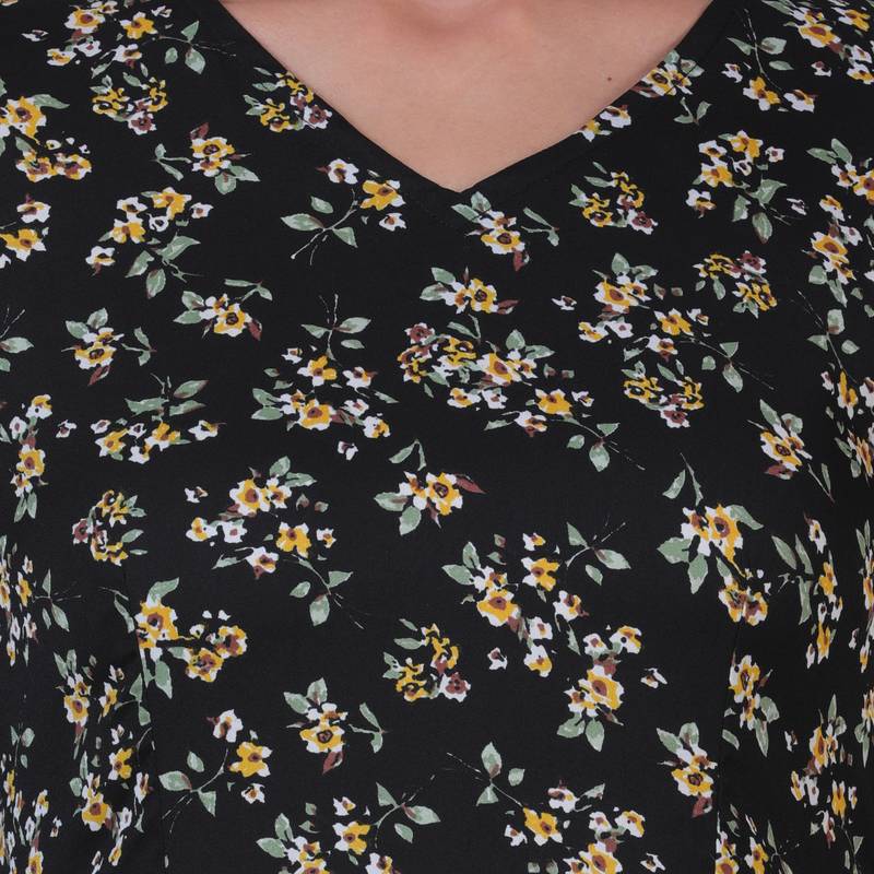 BLACK FLORAL PRINT FIT and FLARE WOMEN DRESS