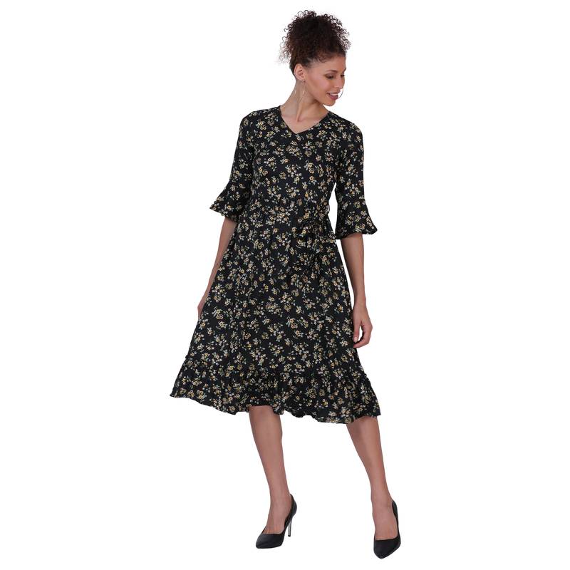 BLACK FLORAL PRINT FIT and FLARE WOMEN DRESS