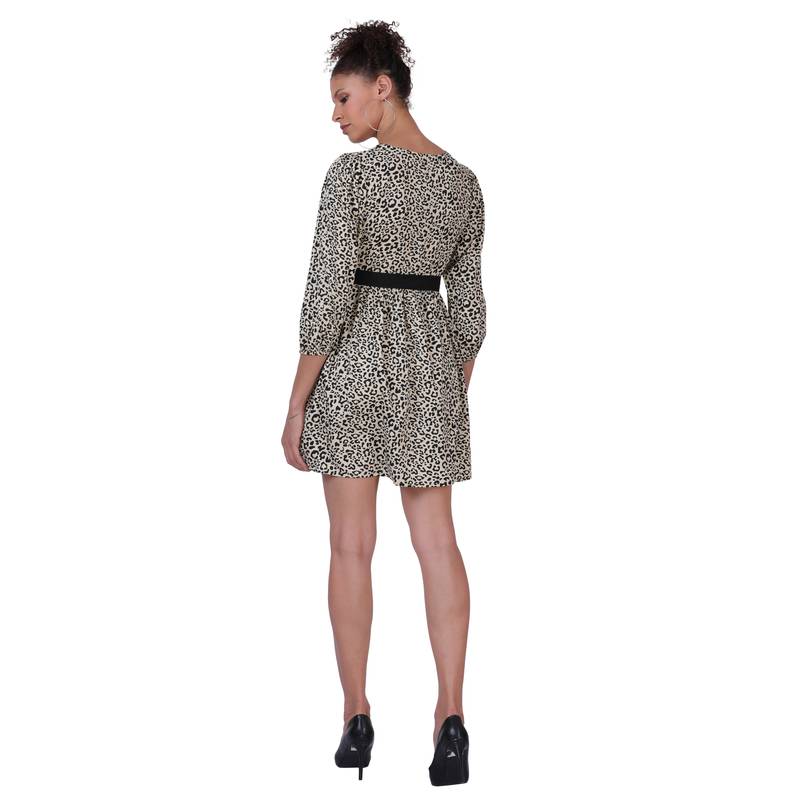 BEIGE ANIMAL PRINT FIT and FLARE WOMEN DRESS