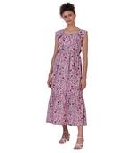 Purple Floral Print Polyester Women Maxi  Dress