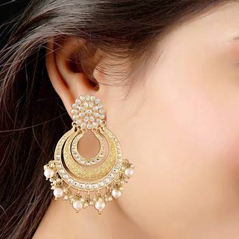 Traditional Matt Finish Plated Big Chandbali Kundan & Pearl Meenakari Earrings for Women  2