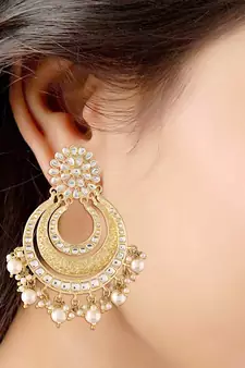 Traditional Matt Finish Plated Big Chandbali Kundan & Pearl Meenakari Earrings for Women 