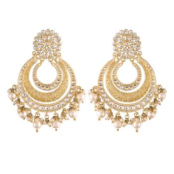 Traditional Matt Finish Plated Big Chandbali Kundan & Pearl Meenakari Earrings for Women  3