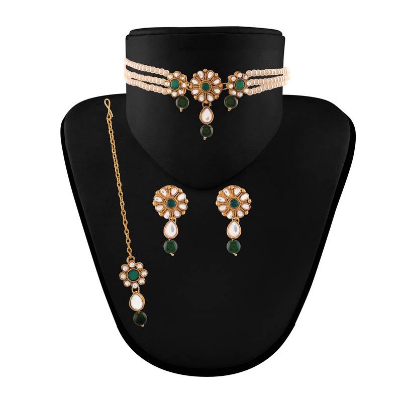 Traditional Gold Plated Floral Pearl & Kundan Choker Necklace Set with Maang Tikka for Women 