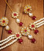Traditional Floral Pearl & Kundan Choker Necklace Set with maang Tikka for Women 