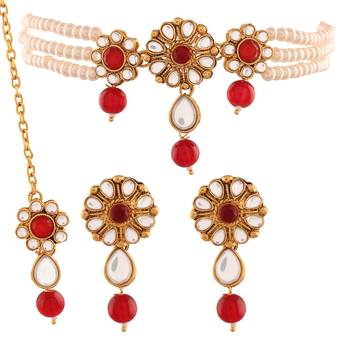 Traditional Floral Pearl & Kundan Choker Necklace Set with maang Tikka for Women  2