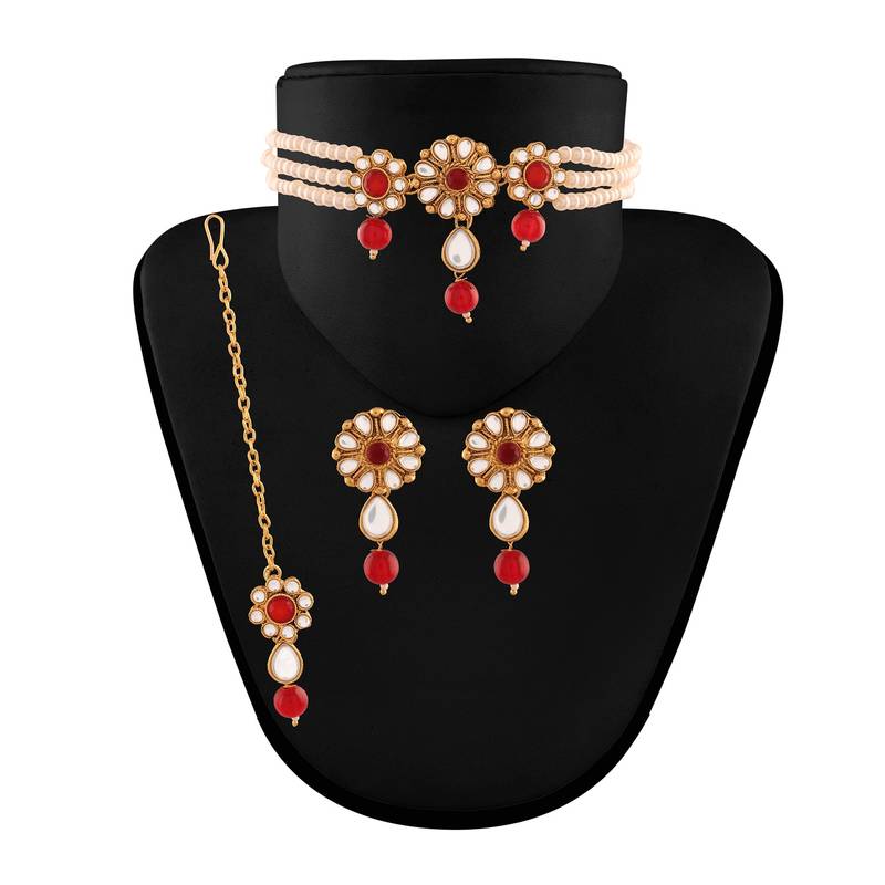 Traditional Floral Pearl & Kundan Choker Necklace Set with maang Tikka for Women 