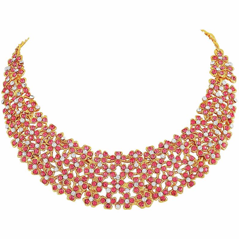 Gold Plated Stone Studded Necklace Set Earrings & Maang Tikka for Women 
