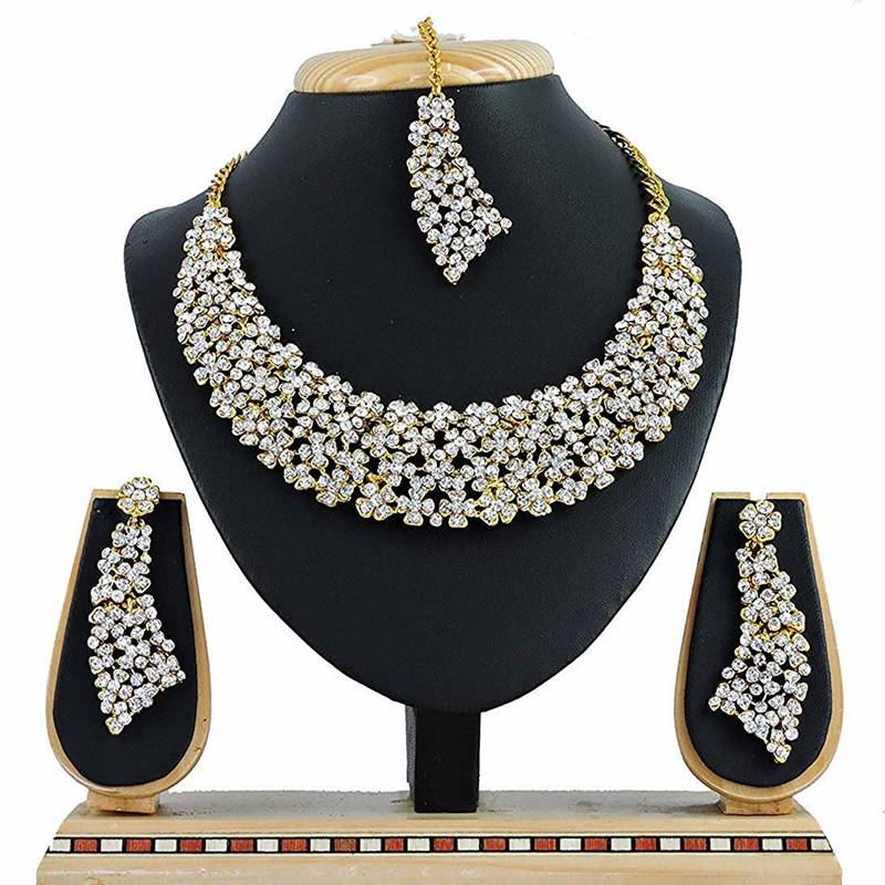 Stone Studded Necklace Set Earrings & Maang Tikka for Women 