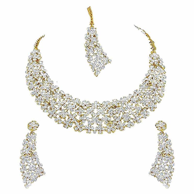 Stone Studded Necklace Set Earrings & Maang Tikka for Women 
