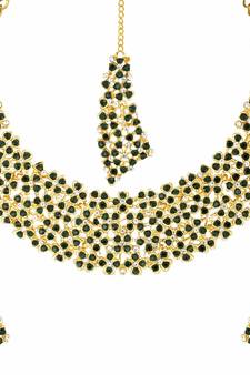 Gold Plated Stone Studded Necklace Set Earrings & Maang Tikka for Women (M4126G)