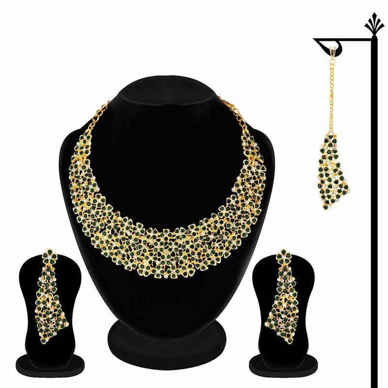 Gold Plated Stone Studded Necklace Set Earrings & Maang Tikka for Women 