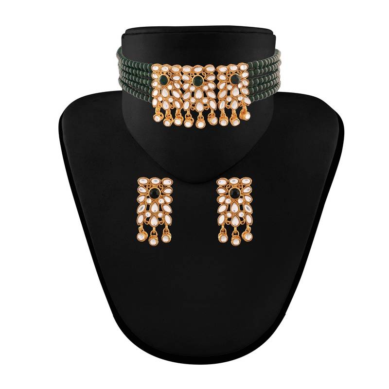 Traditional Gold Plated Kundan & Beads Choker Necklace Set for Women 