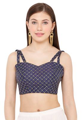 Salwar Studio Women's Navy Blue Dupion Silk Readymade Saree Blouse 1