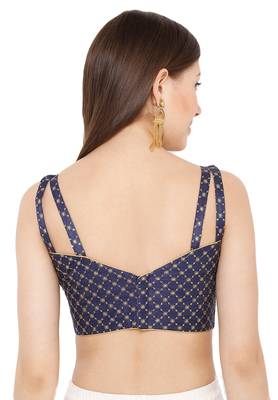 Salwar Studio Women's Navy Blue Dupion Silk Readymade Saree Blouse 2