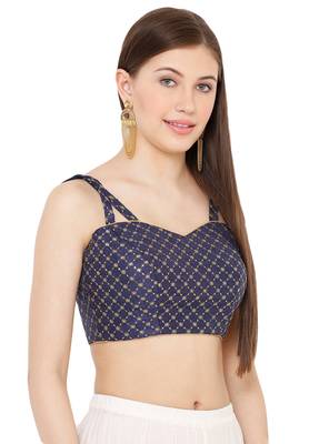 Salwar Studio Women's Navy Blue Dupion Silk Readymade Saree Blouse 3